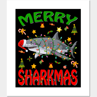 Santa Hat Shark Merry Sharkmas Christmas PJ Pajama T-Shirt Posters and Art